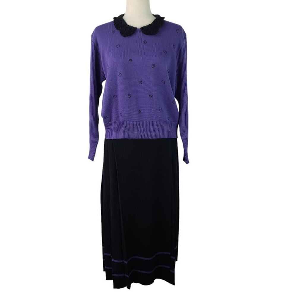 Lancetti Italy Purple Black Vintage Wool 2 Piece Sweater & Skirt Set 10 12